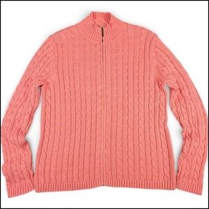 Vintage LL Bean Women M Fisherman Chunky Cable Knit Full Zip Sweater Salmon Pink